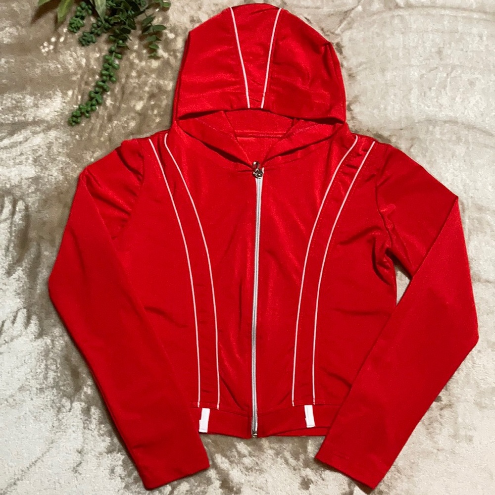 Red Y2K 90s Stretch White Accent Zip Up Athletic Hoodie